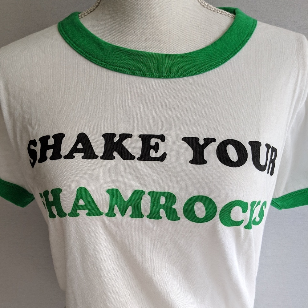 PINK Victoria's Secret White Ringer Tee with Green and Black Lettering